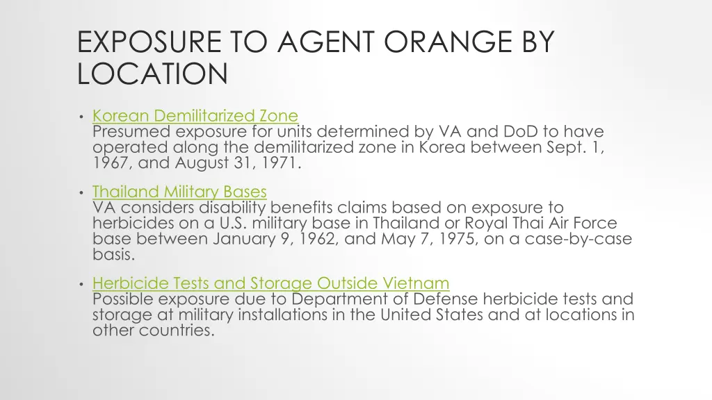 exposure to agent orange by location 1