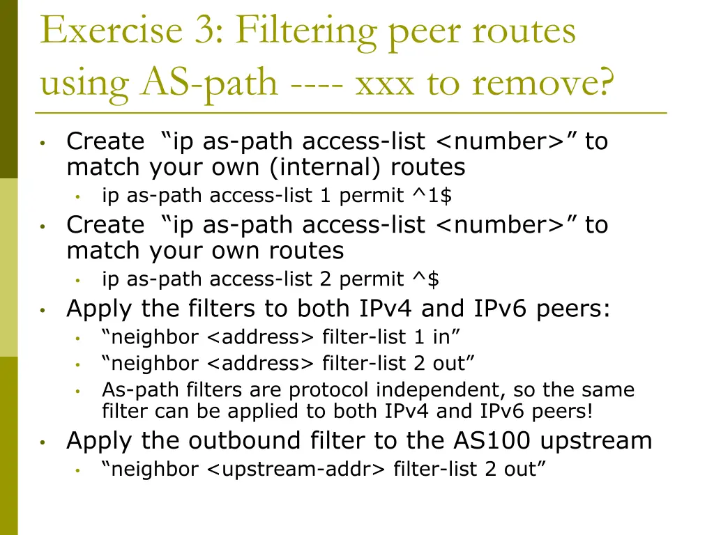 exercise 3 filtering peer routes using as path 1