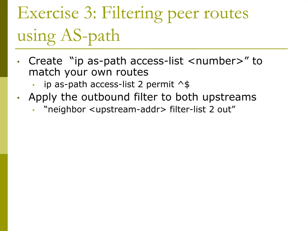 exercise 3 filtering peer routes using as path