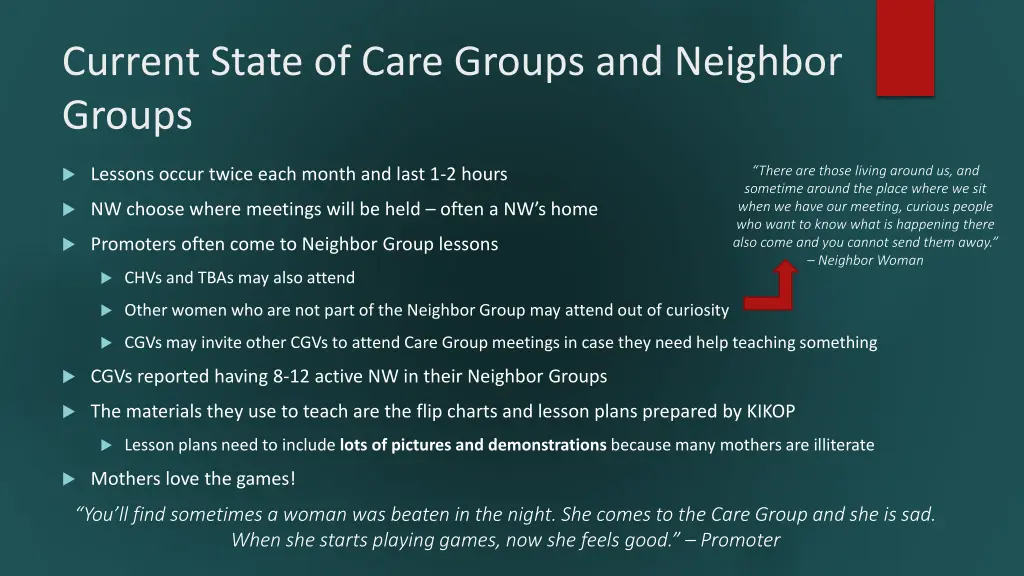 current state of care groups and neighbor groups