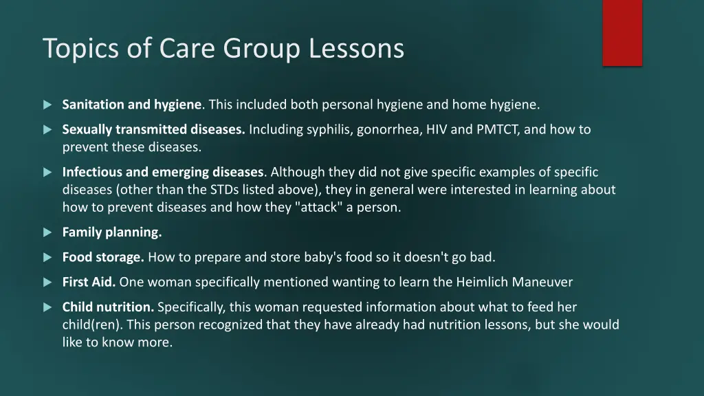 topics of care group lessons