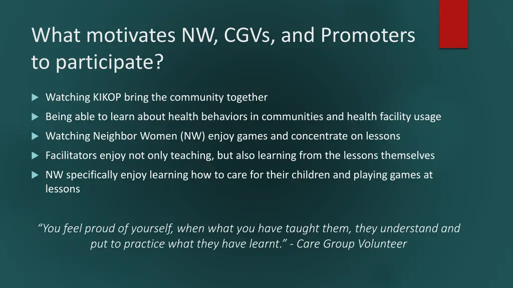 what motivates nw cgvs and promoters