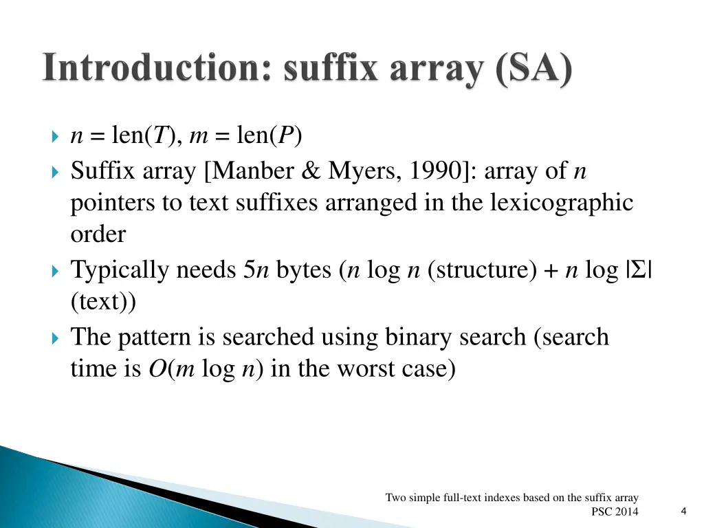 n len t m len p suffix array manber myers 1990