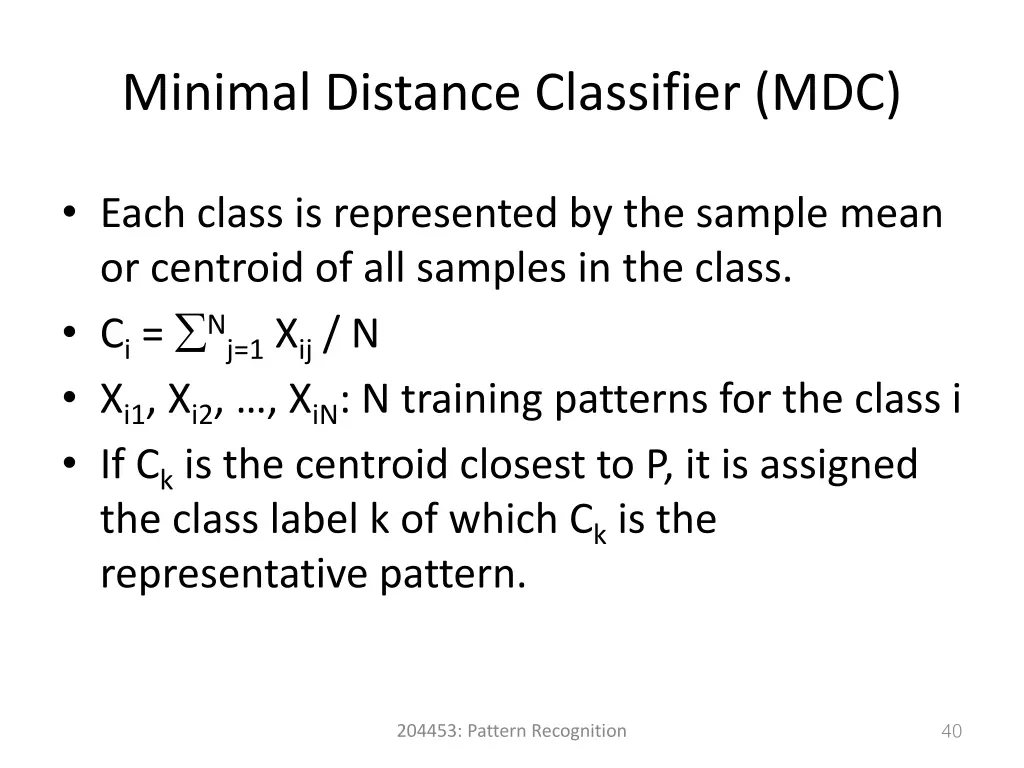 minimal distance classifier mdc