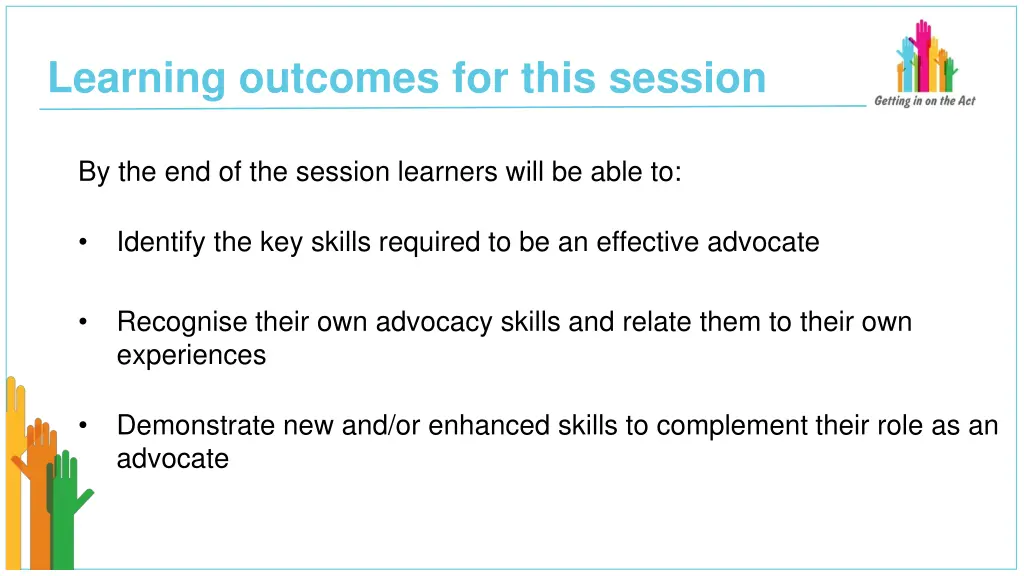 learning outcomes for this session