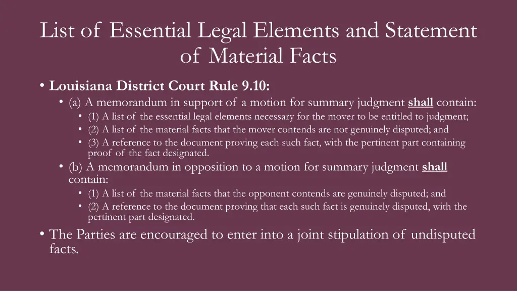 list of essential legal elements and statement