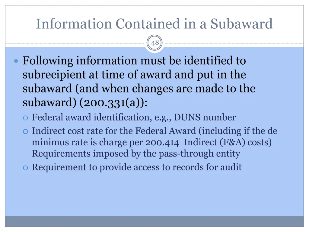 information contained in a subaward