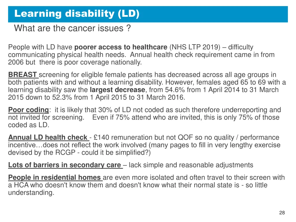 learning disability ld what are the cancer issues