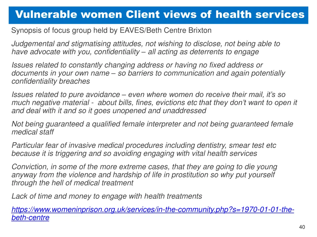 vulnerable women client views of health services