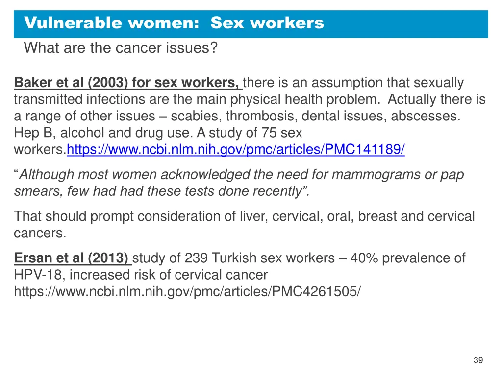 vulnerable women sex workers what are the cancer