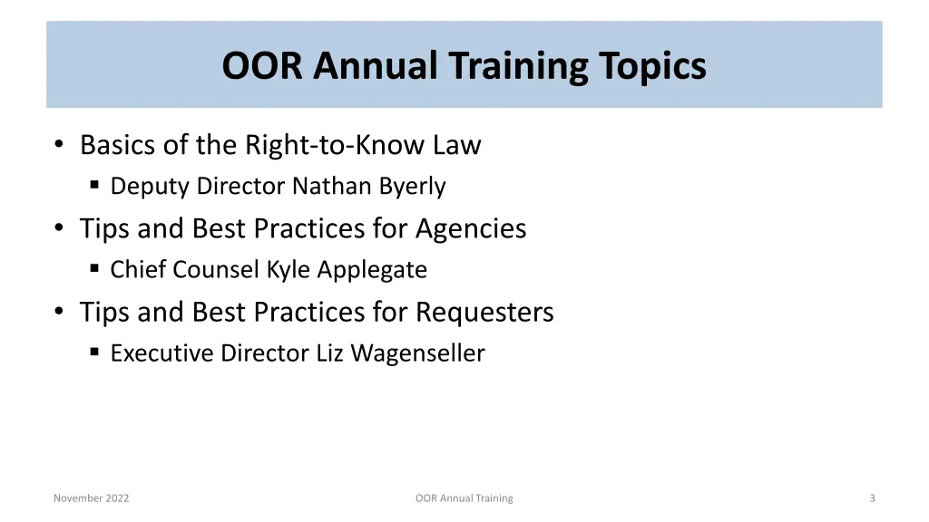 oor annual training topics