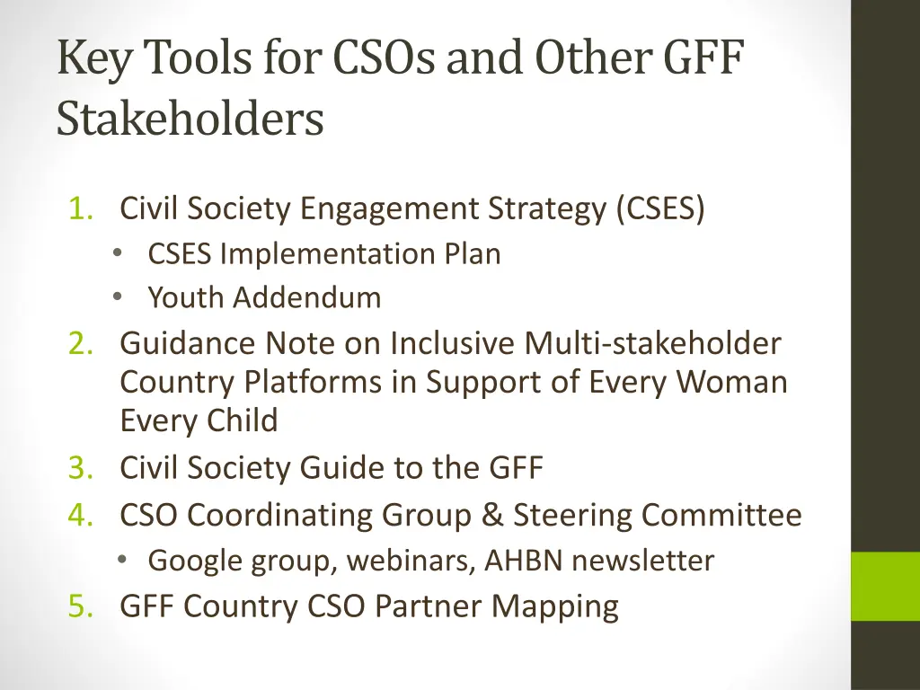 key tools for csos and other gff stakeholders