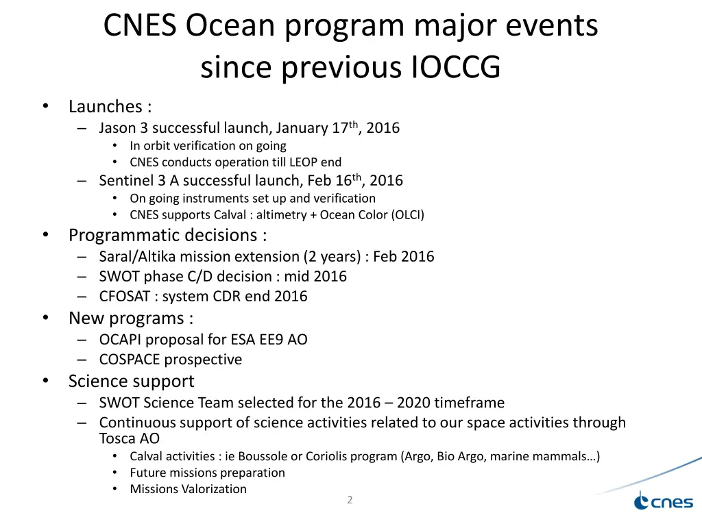 cnes ocean program major events since previous