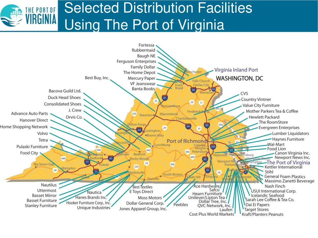 selected distribution facilities using the port