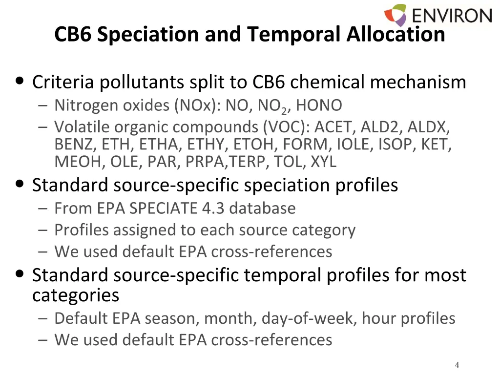 cb6 speciation and temporal allocation