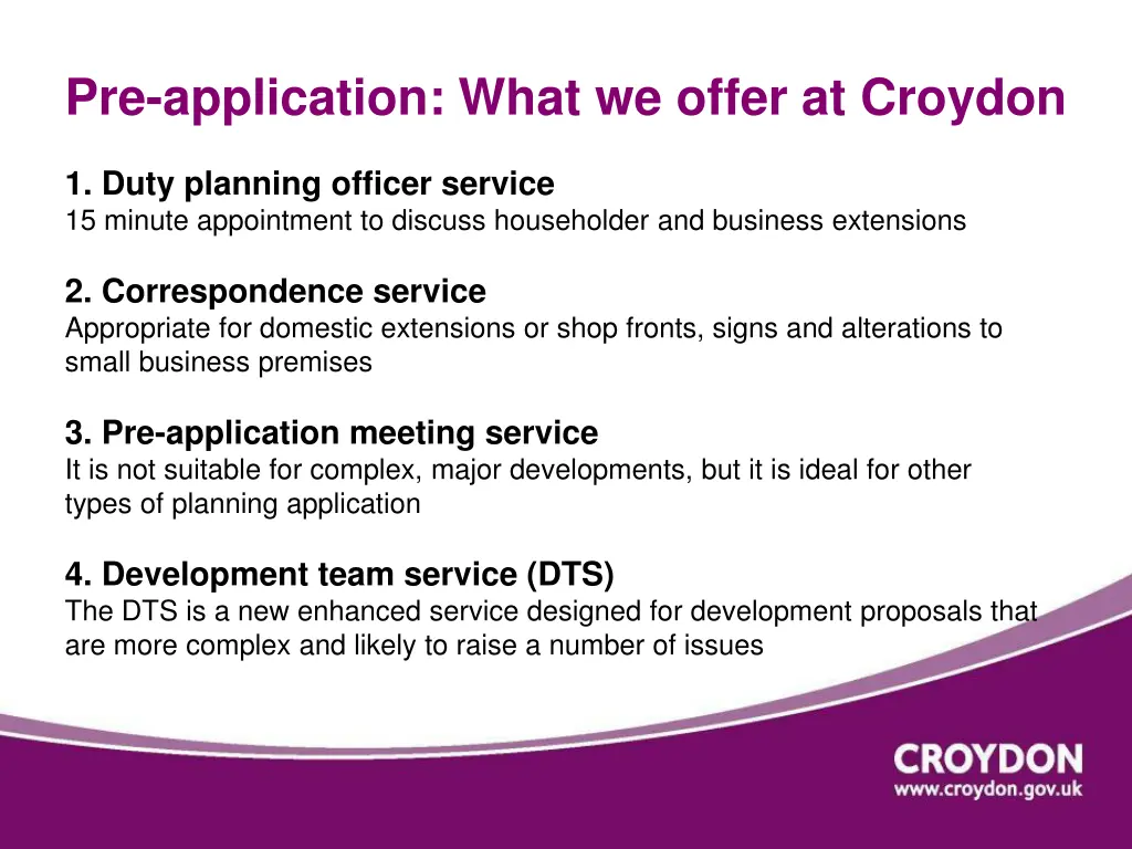 pre application what we offer at croydon