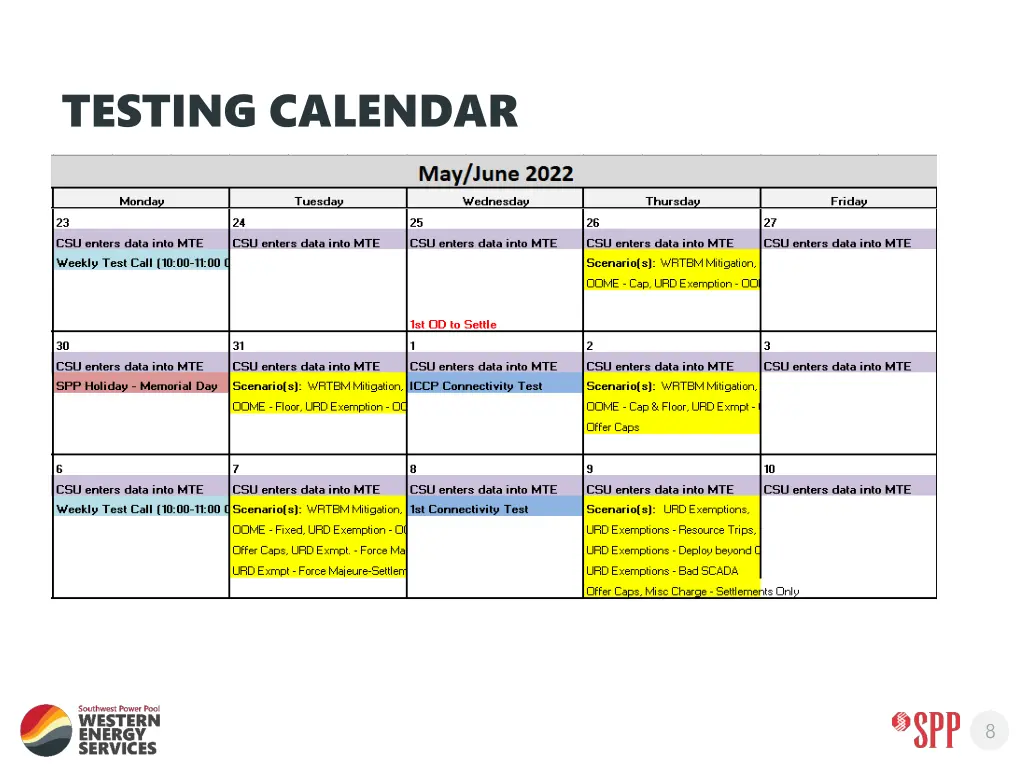 testing calendar 2