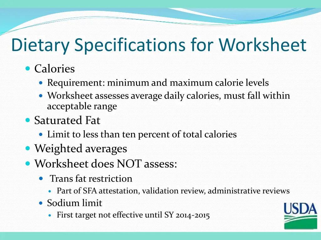 dietary specifications for worksheet