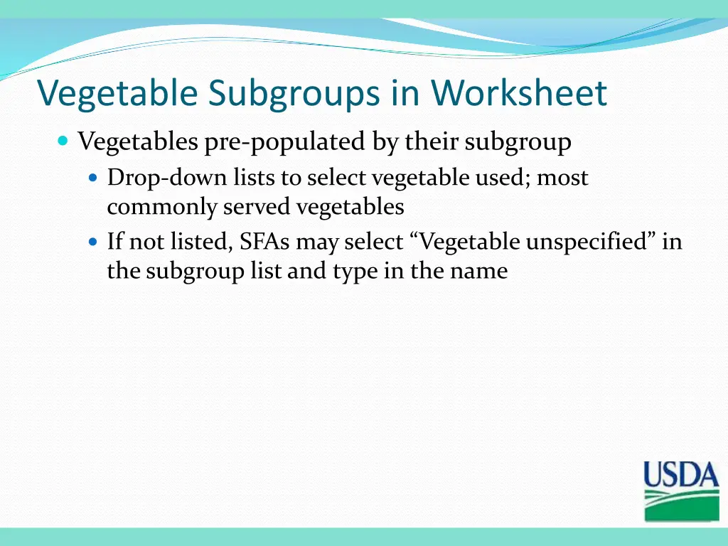 vegetable subgroups in worksheet