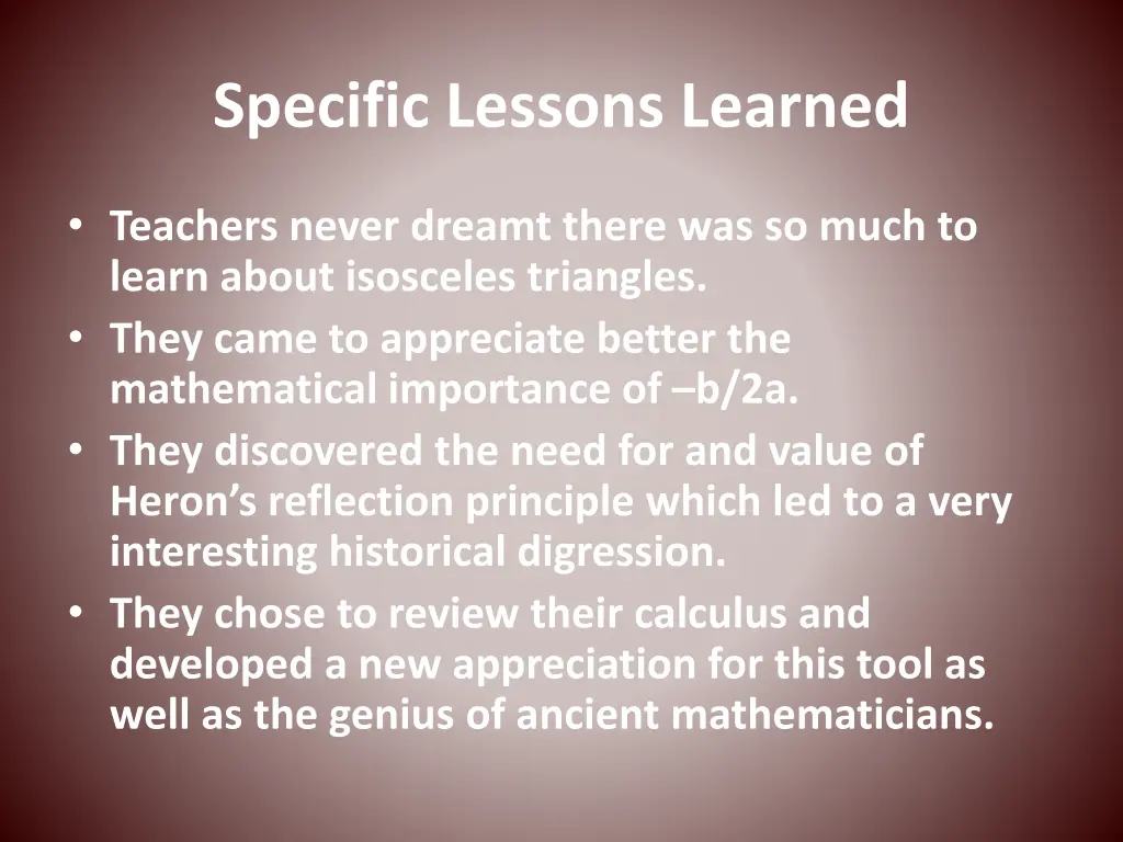 specific lessons learned