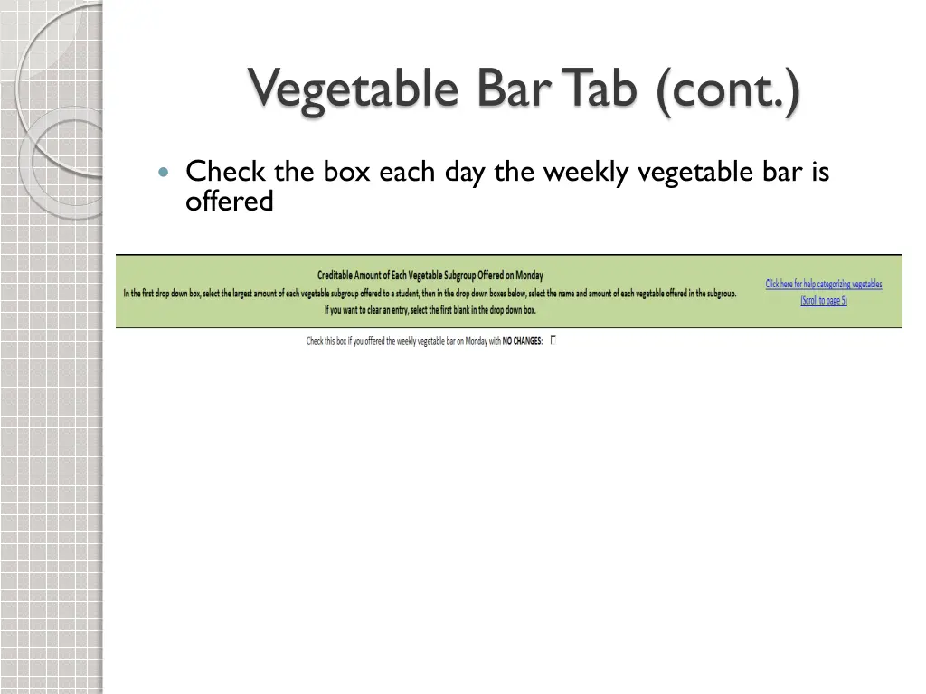 vegetable bar tab cont