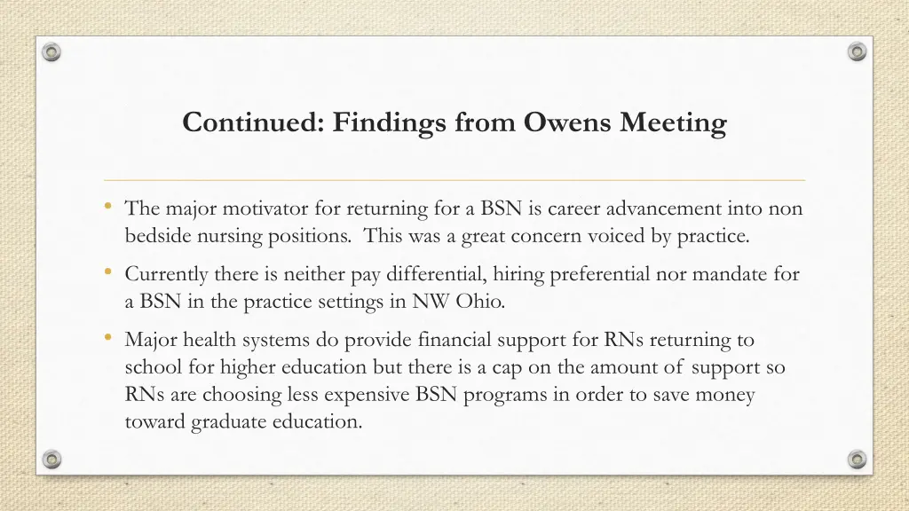 continued findings from owens meeting