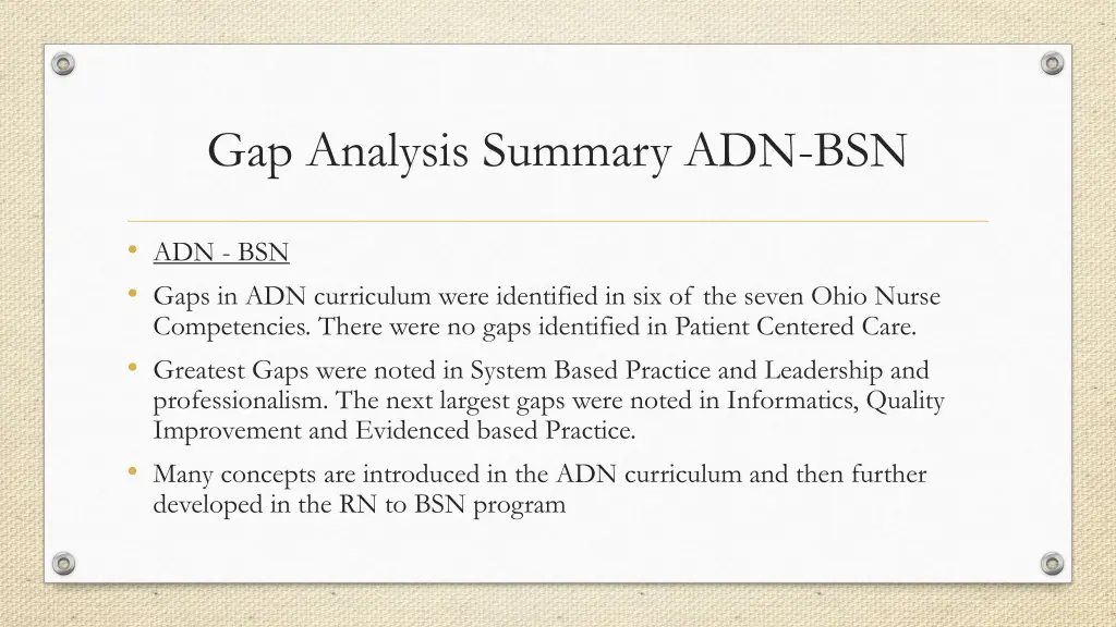 gap analysis summary adn bsn