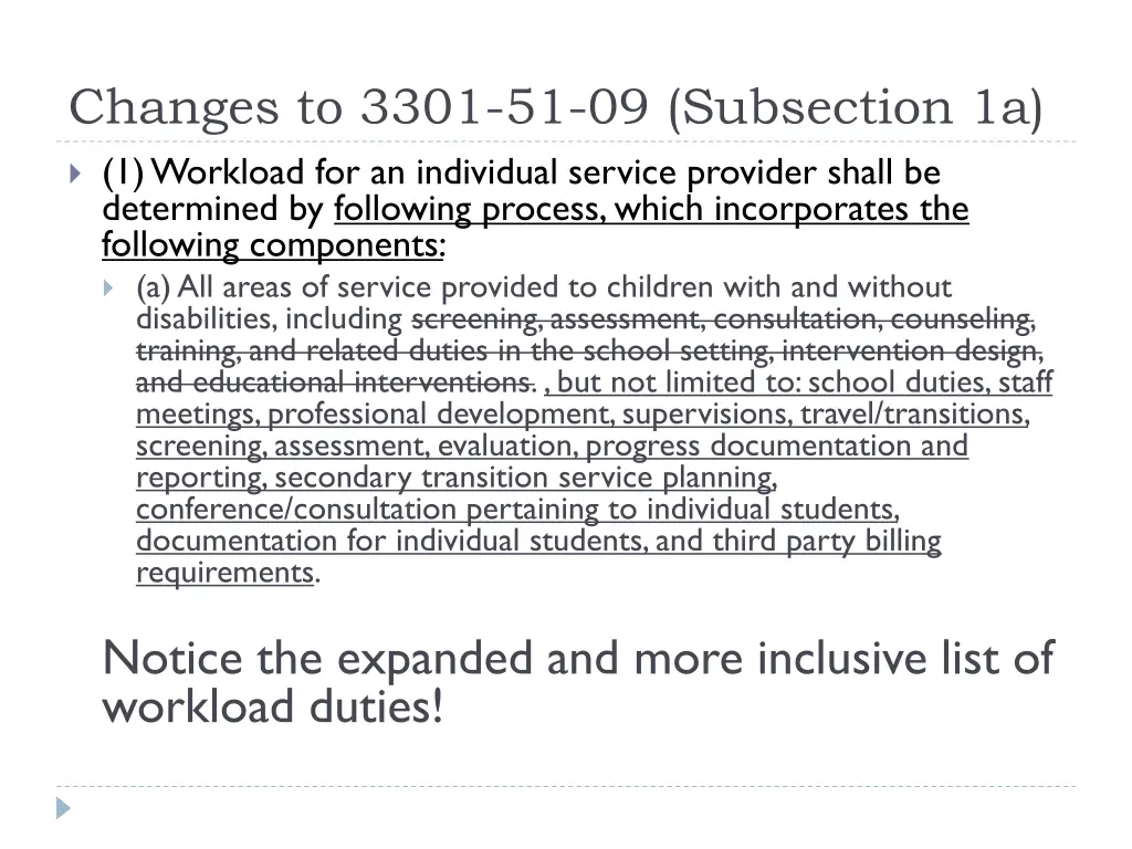 changes to 3301 51 09 subsection 1a 1 workload