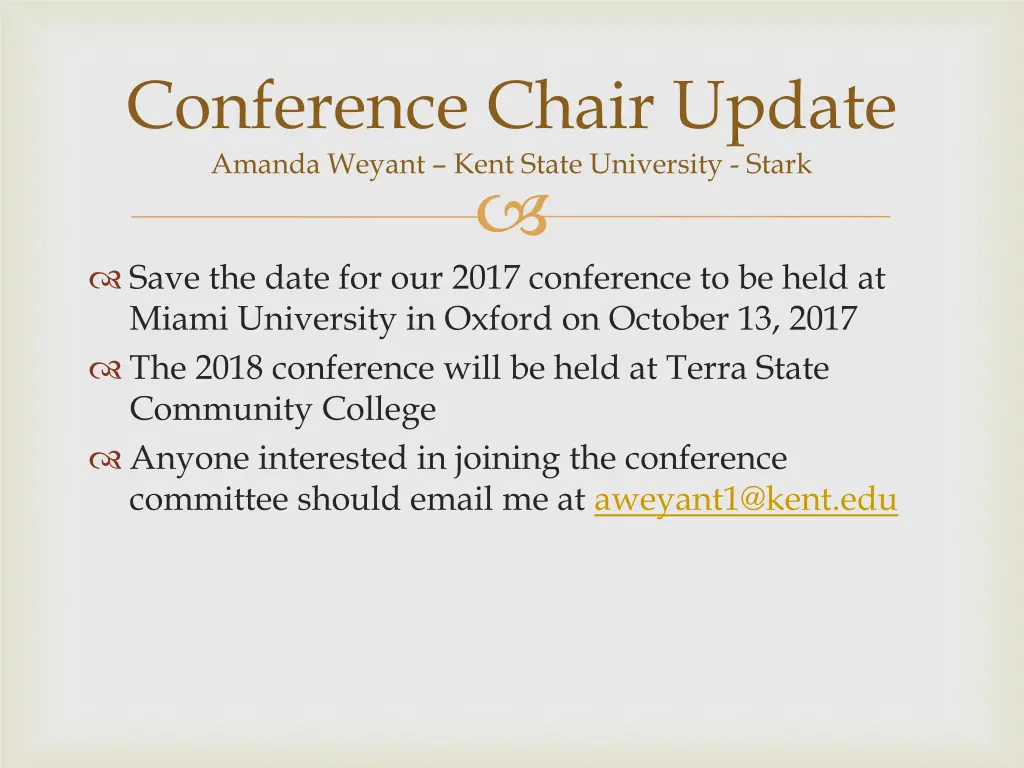 conference chair update amanda weyant kent state