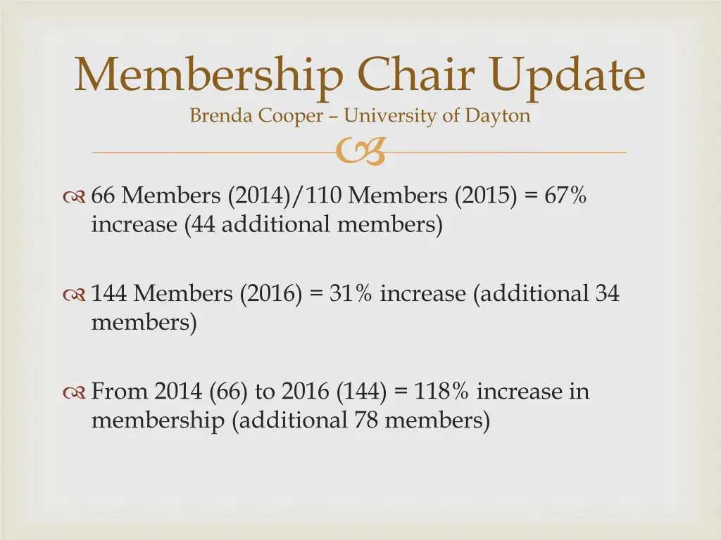 membership chair update brenda cooper university