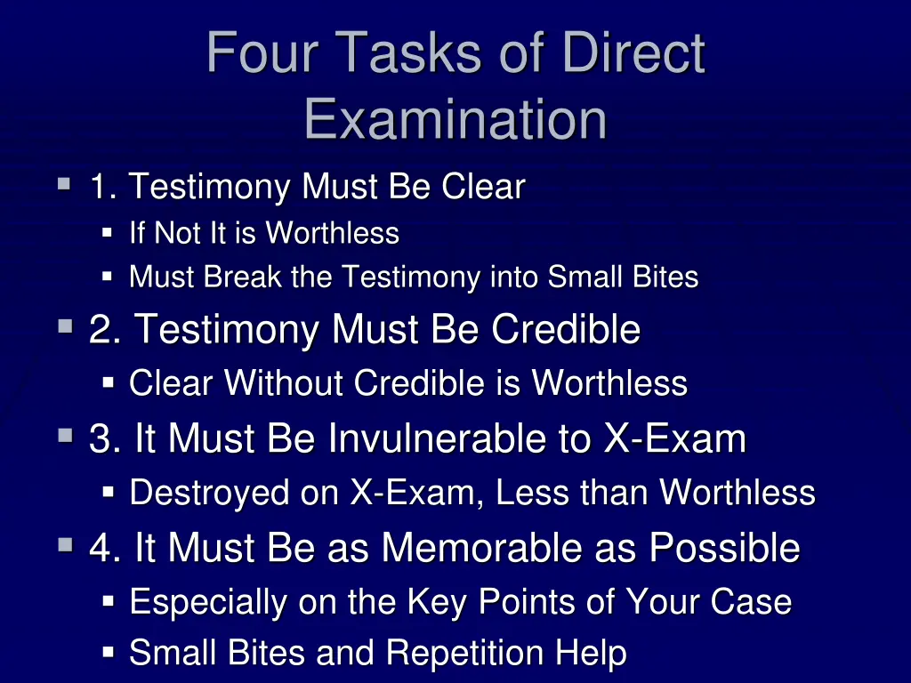 four tasks of direct examination 1 testimony must