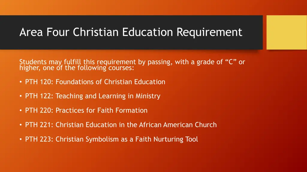 area four christian education requirement