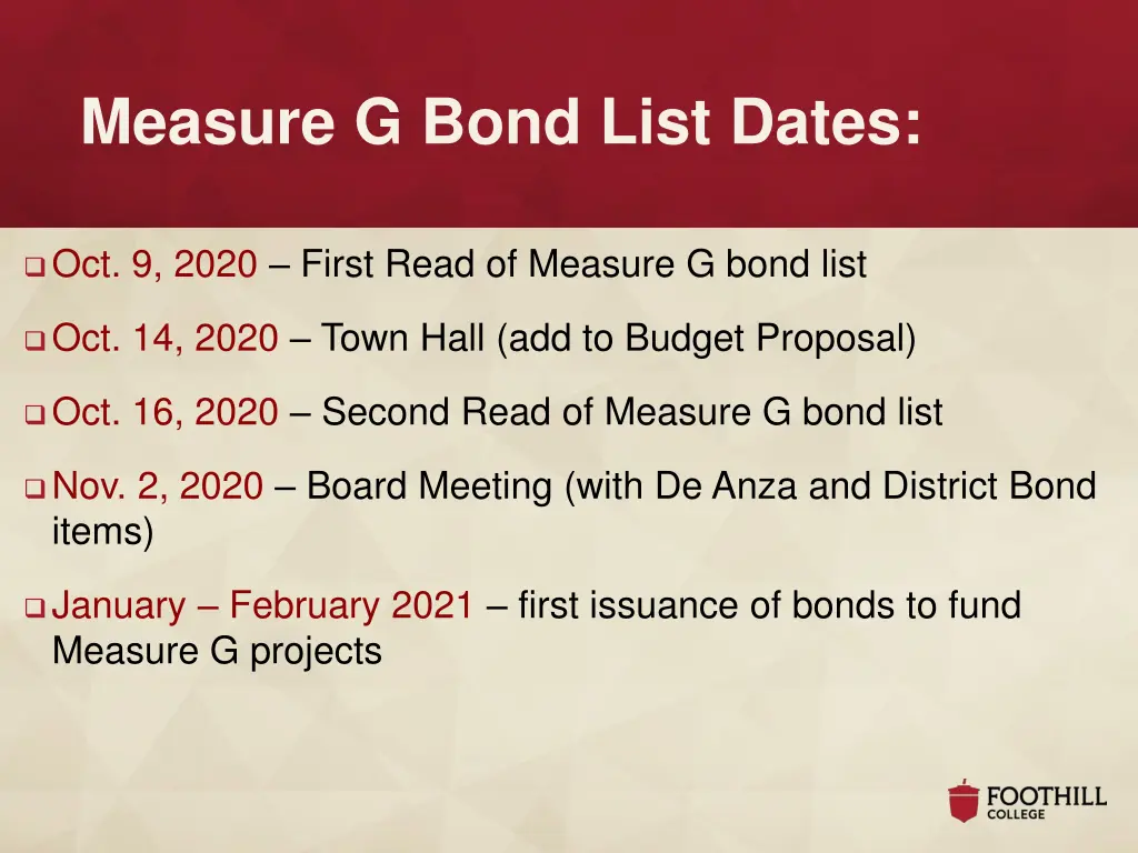 measure g bond list dates