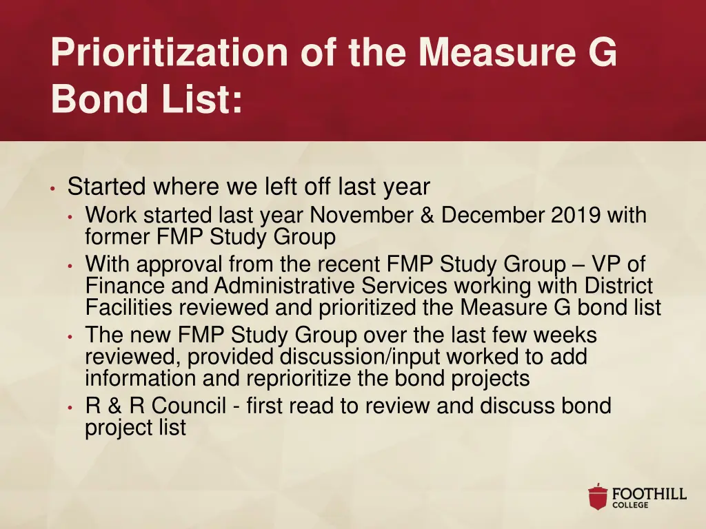 prioritization of the measure g bond list