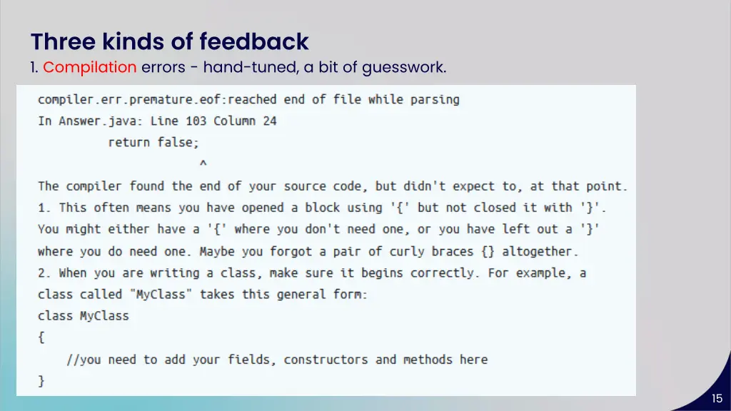 three kinds of feedback 1 compilation errors hand