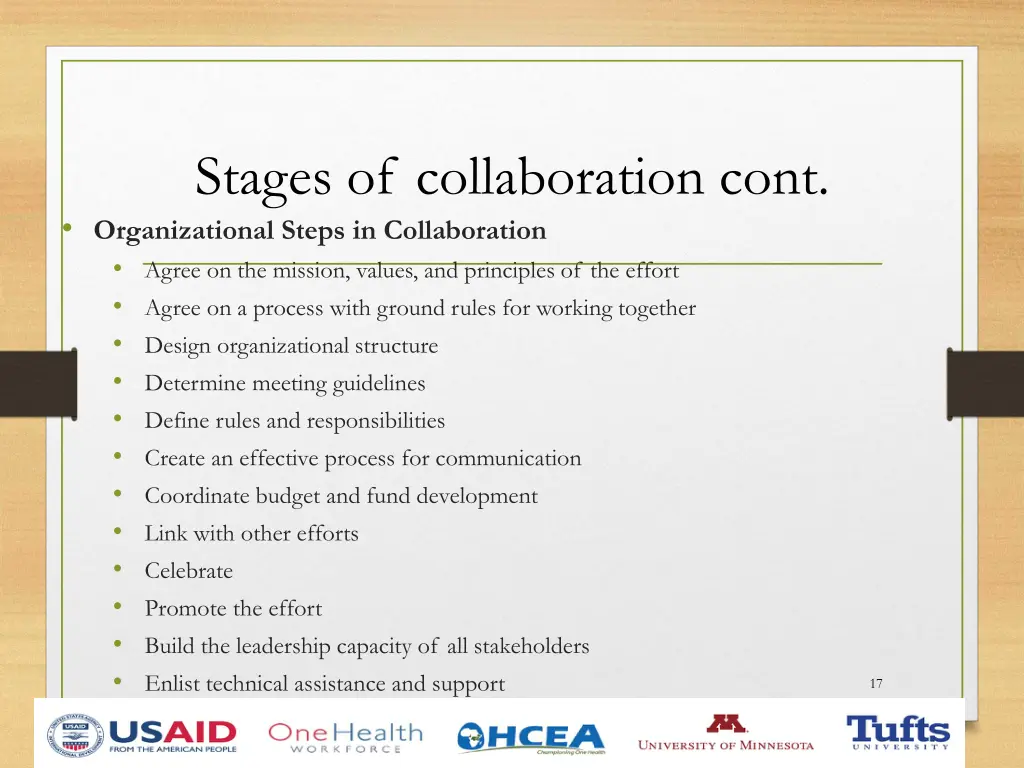 stages of collaboration cont organizational steps