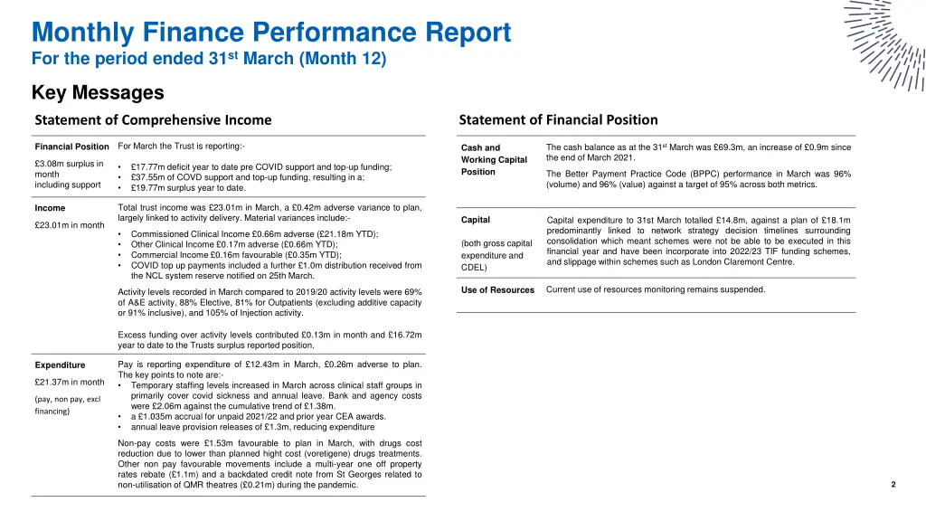 monthly finance performance report for the period 1