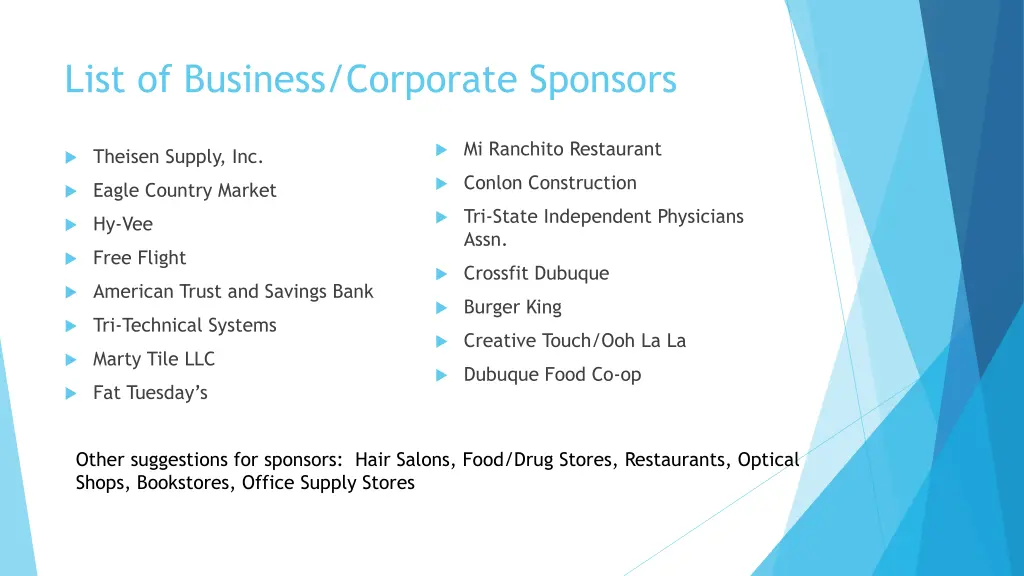 list of business corporate sponsors