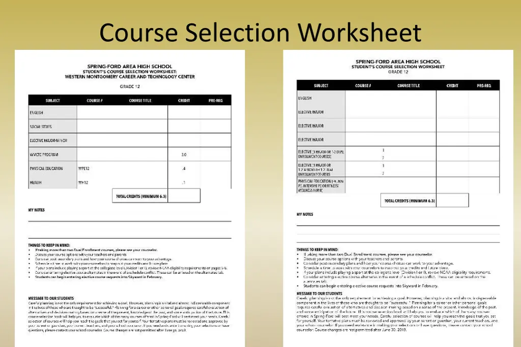 course selection worksheet