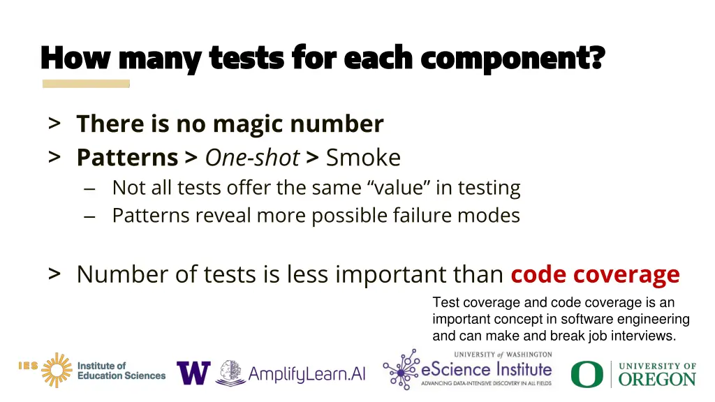 how many tests for each component how many tests