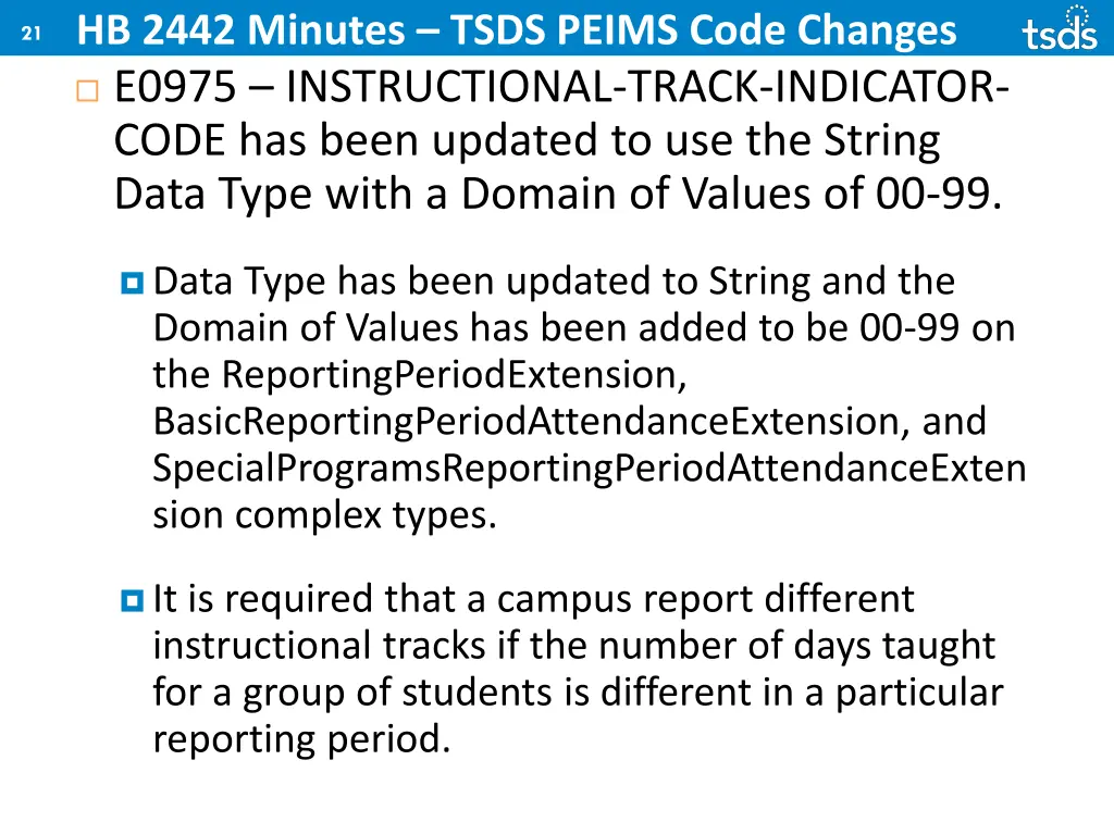 hb 2442 minutes tsds peims code changes