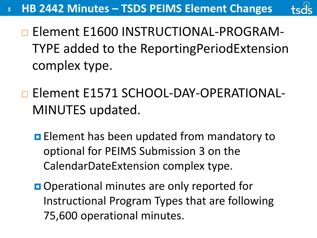 hb 2442 minutes tsds peims element changes