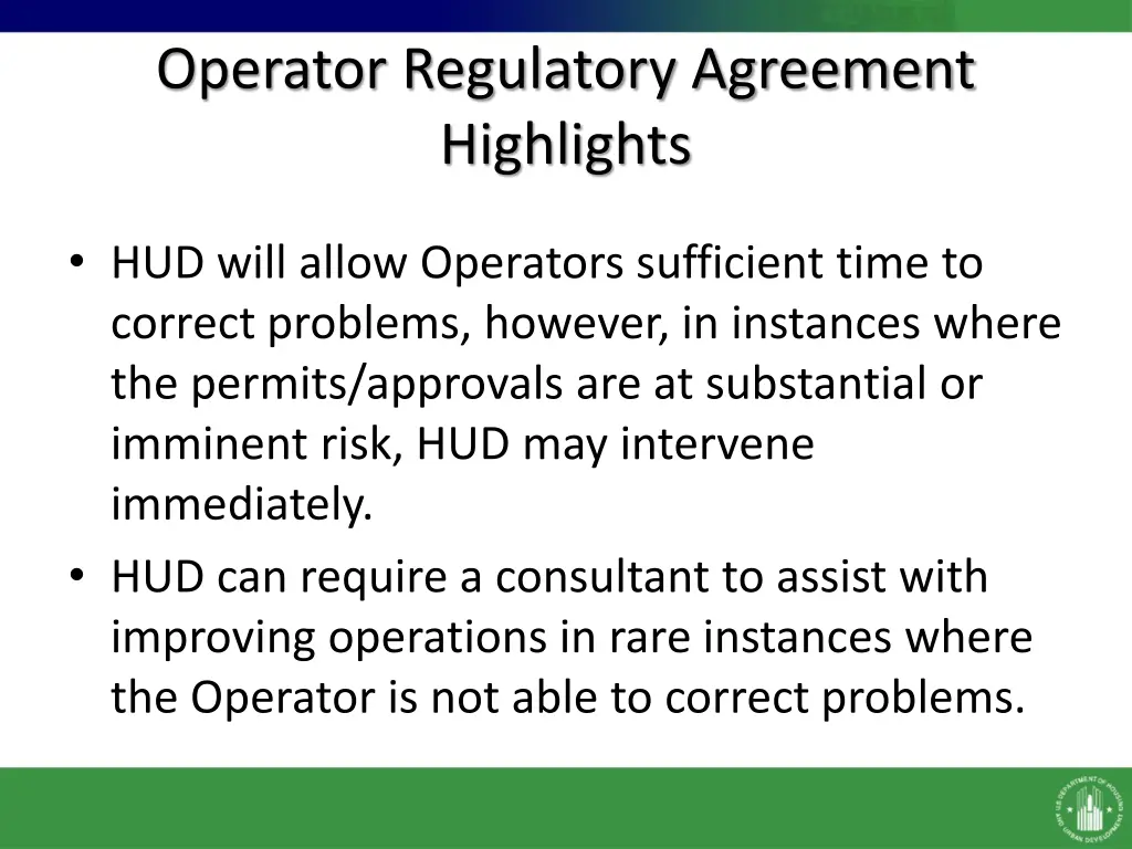 operator regulatory agreement highlights