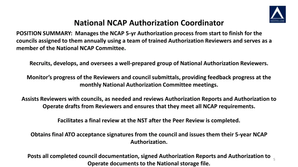 national ncap authorization coordinator position