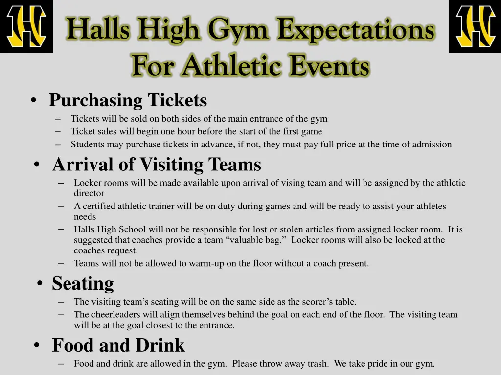 halls high gym expectations for athletic events