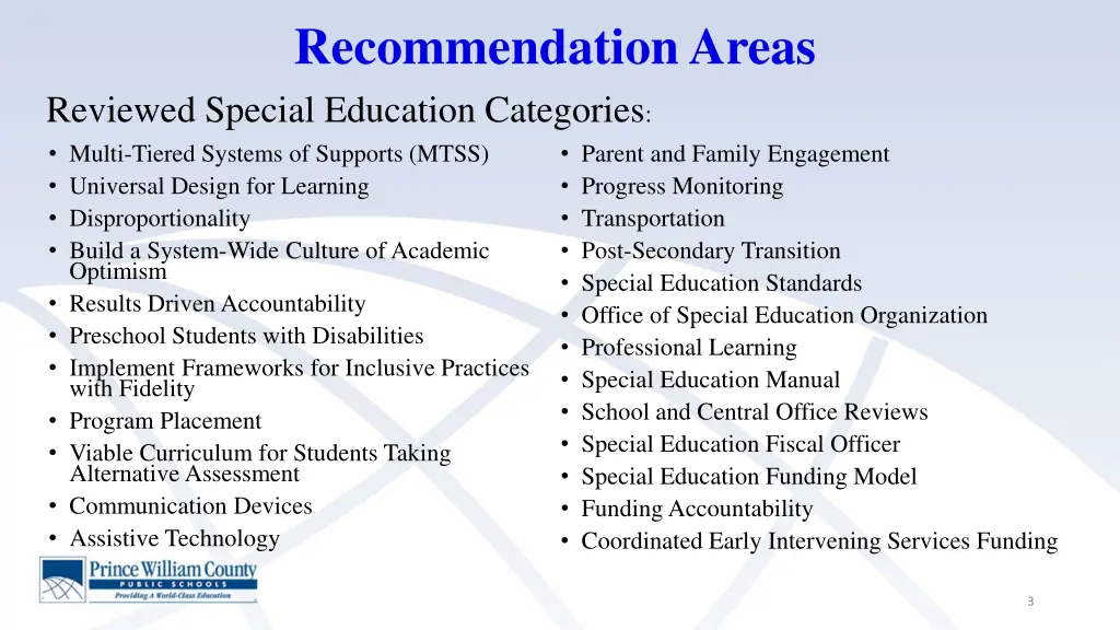 recommendation areas reviewed special education