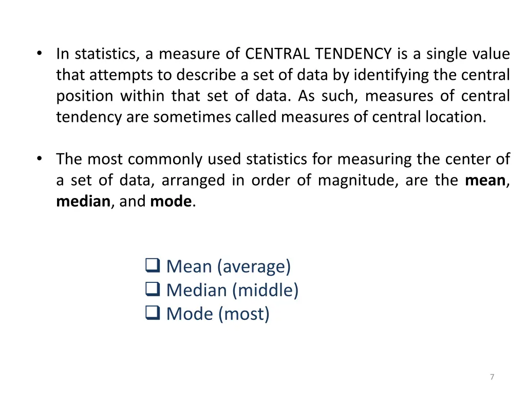 in statistics a measure of central tendency