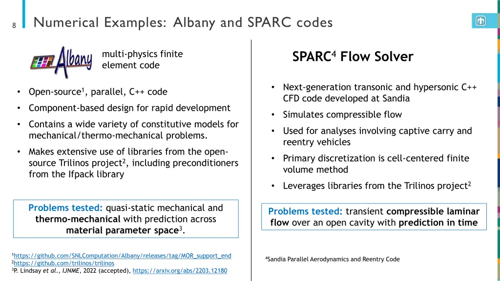 numerical examples albany and sparc codes