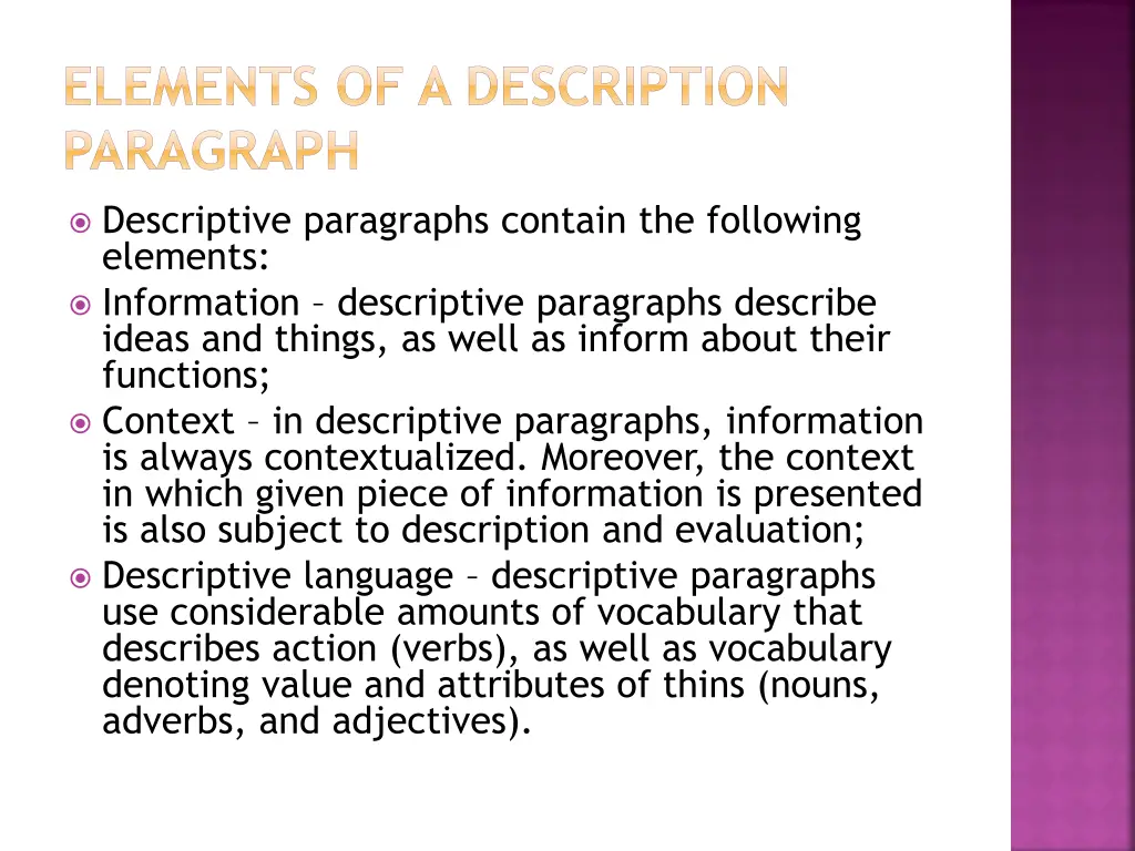 elements of a description paragraph