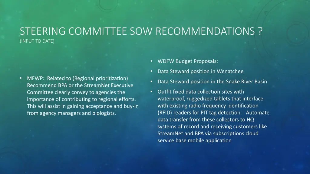 steering committee sow recommendations input